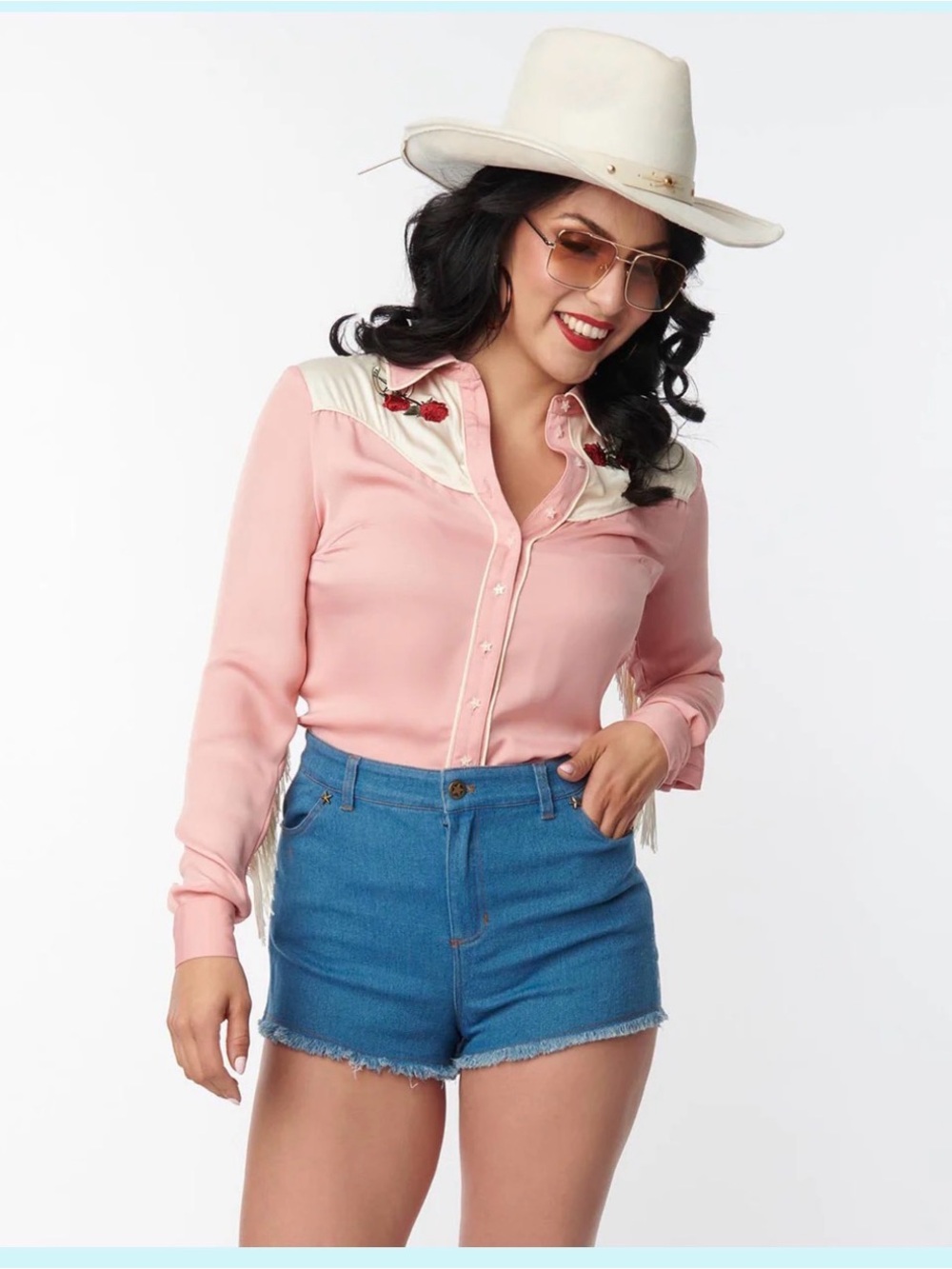 Unique Vintage Rose Pink Western Button-Down Shirt with Cream Yoke